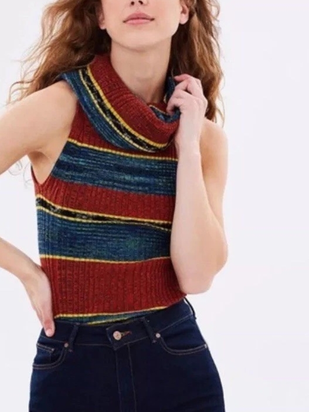 Free People Carly Cowl Ribbed Tank Sweater - Rust, Blue, Yellow
